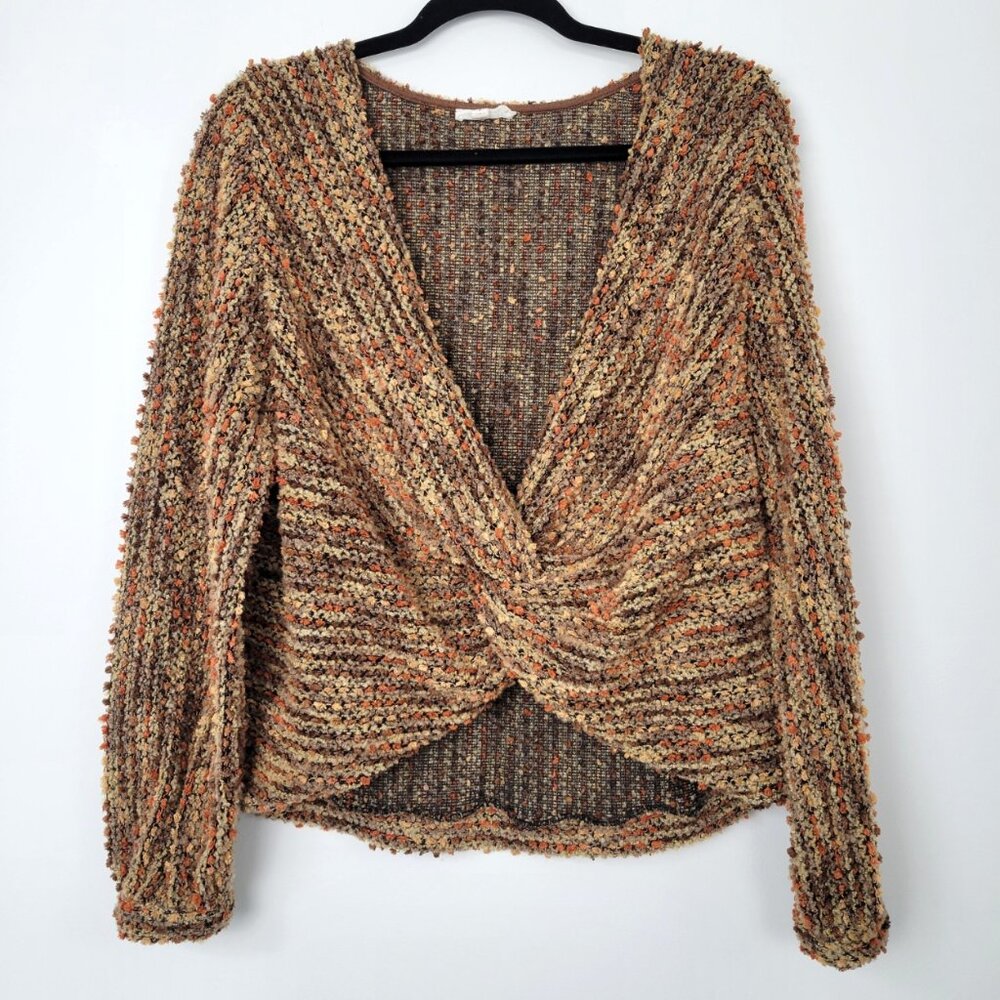 70s Inspired Earth Tone Textured Chenille Twist Front Cropped Boho Sweater